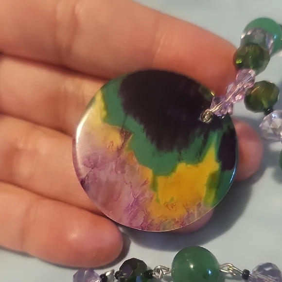 NWOT,Elegant Green Agate, AB Crystal  Purple Beaded Necklace Set - Picture 9 of 14
